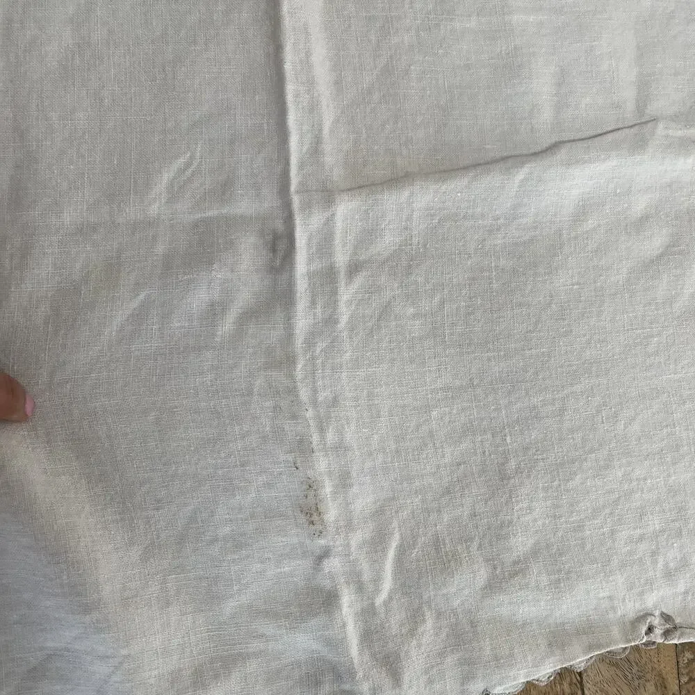 Vintage Floral Embroidery Tan Linen Tablecloth Scalloped Edges 73 x 54